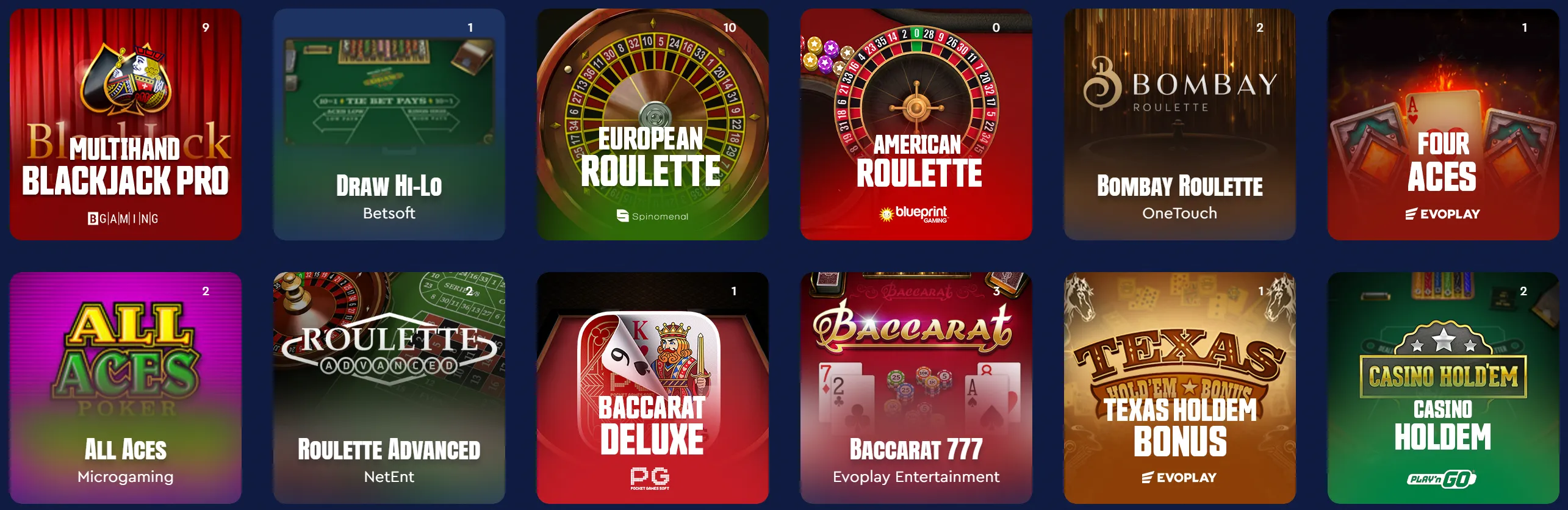 Jeux de table Celsius Casino